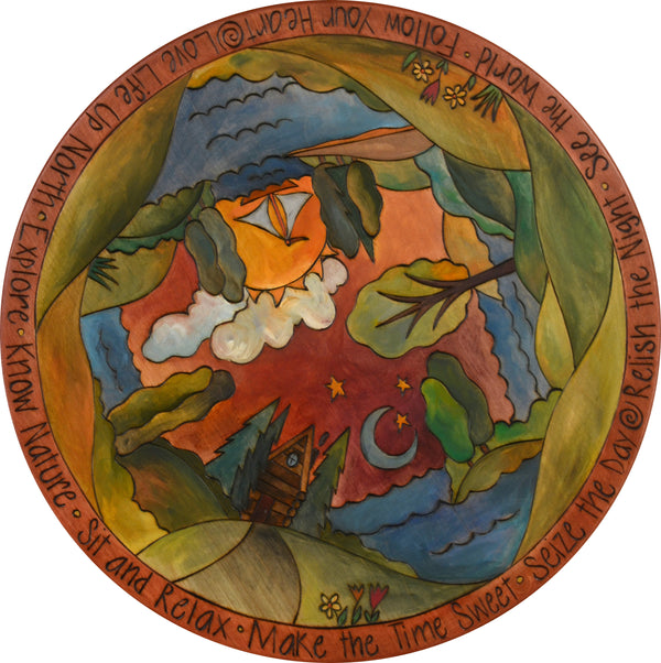 Sticks Handmade 20" landscape and lakes lazy susan in bright, primary hues