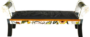 Rolled Arm Bench with Leather Seat –  Black and White rolled arm bench with leather seat with bright contemporary floral motif. Other side view