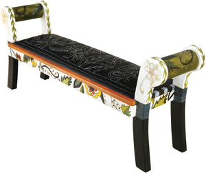 Rolled Arm Bench with Leather Seat –  Black and White rolled arm bench with leather seat with bright contemporary floral motif