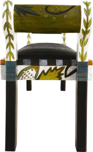 Rolled Arm Bench with Leather Seat –  Black and White rolled arm bench with leather seat with bright contemporary floral motif. Arm view