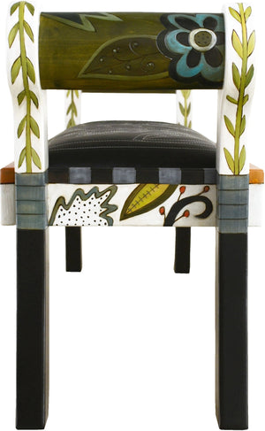 Rolled Arm Bench with Leather Seat –  Black and White rolled arm bench with leather seat with bright contemporary floral motif. Other arm view