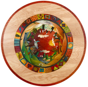 Sticks handmade dining table with colorful folk art imagery and four seasons landscape
