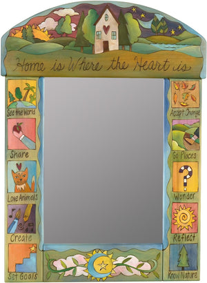 Medium Mirror –  "Home is where the Heart is" mirror with sunset and starry sky behind home on the horizon motif