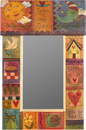 Small Mirror –  "Today is the Day" mirror with inspirational phrases and sun and moon motif