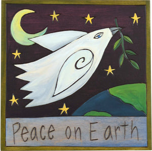 Sticks handmade wall plaque with "Peace on Earth" quote and dove with olive branch