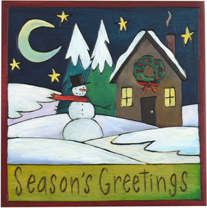 Sticks handmade wall plaque with "Season's Greetings" quote and snowy winter landscape