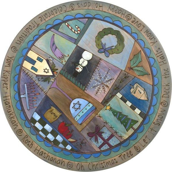 Sticks Handmade 20"D lazy susan with Hannukah holiday icons in blue and indigo hues