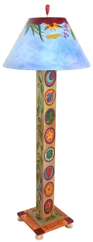 Box Floor Lamp – Pretty floral themed lamp with circled icons and vines up and down the lamp post front view