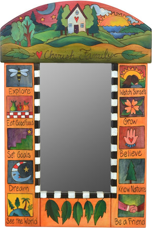 Small Mirror –  "Cherish Family" mirror with sun and moon over a cozy home on the horizon motif