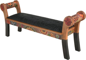 Rolled Arm Bench with Leather Seat –  Rolled arm bench with leather seat with beautiful contemporary floral motif. Side view