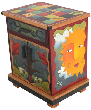 Nightstand Cabinet –  Lovely sun and moon themed nightstand with color block motif and tree of life