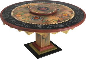 60" Round Dining Table – Beautiful contemporary floral dining table with colored center and black and white scratchboard border side view with lazy susan