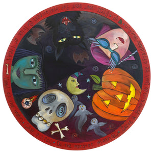 Sticks Handmade 20"D lazy susan with Halloween theme, costumes, carved pumpkin and a black cat in the round