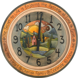Sticks handmade 24"D wall clock with rolling landscape and sun and moon horizon