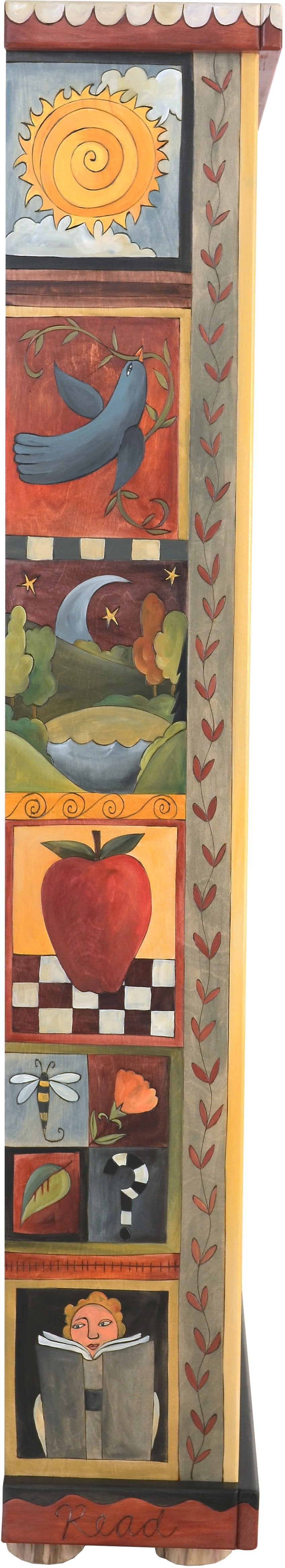 Tall Bookcase –  Lovely tall bookcase with colorful block icon motif and dark interior