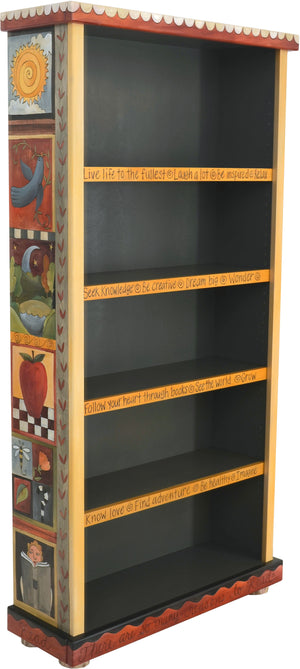 Tall Bookcase –  Lovely tall bookcase with colorful block icon motif and dark interior