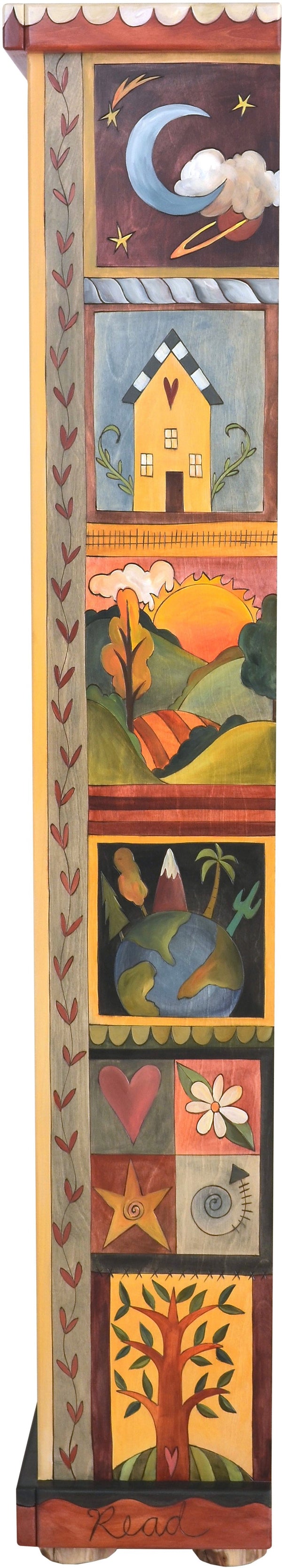 Tall Bookcase –  Lovely tall bookcase with colorful block icon motif and dark interior