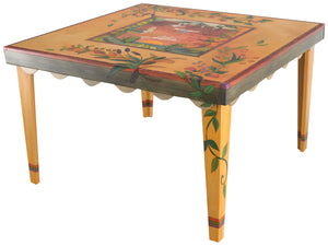Square Dining Table –  "Cherish Family and Friends" dining table with sun and moon over scene of the changing four seasons motif