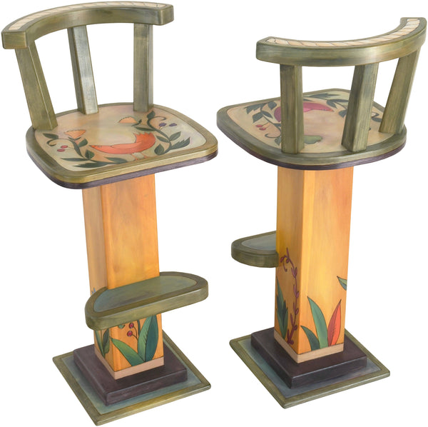 Stool Set with Backs –  Beautiful stool set with backs with floral motif with birds and vines