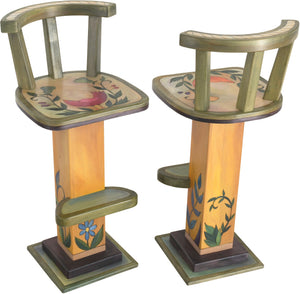 Stool Set with Backs –  Beautiful stool set with backs with floral motif with birds and vines
