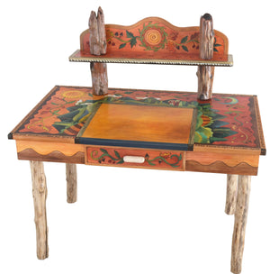 Desk with Shelf –  Beautiful and warm desk with mountain landscapes, sun and moon motif, and shelf