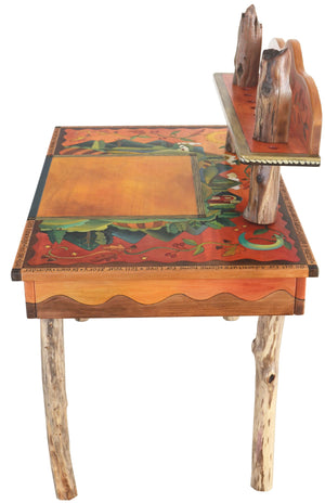 Desk with Shelf –  Beautiful and warm desk with mountain landscapes, sun and moon motif, and shelf