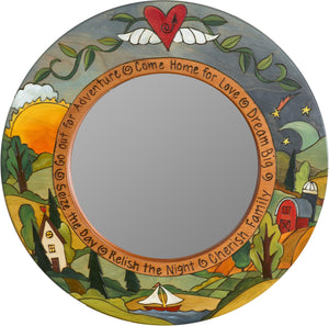 Small Circle Mirror –  "Seize the Day/Relish the Night" circle mirror with sunny day and starry night motif