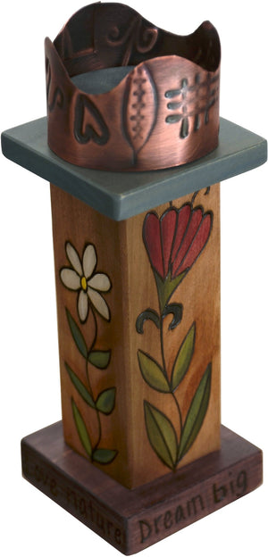 Small Pillar Candle Holder –  Elegant candle holder with floral motifs and unique stamped metal element