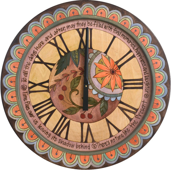 Sticks handmade 24"D wall clock in elegant hues with floral motif