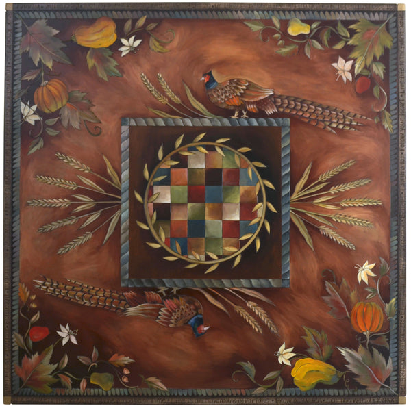 Square Dining Table –  Fall themed dining table with pheasant and gourd motif