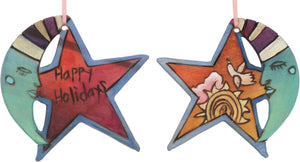 Moon and Star Ornament –  "Happy Holidays" moon and star ornament with sleepy mister moon and a bright sun motif