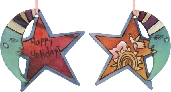 Moon and Star Ornament –  "Happy Holidays" moon and star ornament with sleepy mister moon and a bright sun motif