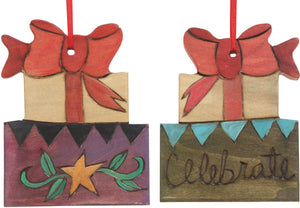 Present Ornament –  Gifts ornament topped with a bow, "Celebrate"