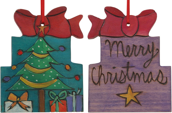 Present Ornament –  "Merry Christmas" present ornament with red ribbon and Christmas tree motif