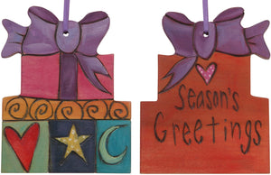 Present Ornament –  "Season's Greetings" present ornament with purple ribbon