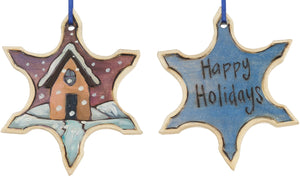 Snowflake Ornament –  "Happy Holidays" snowflake ornament with cozy cottage in the snow motif