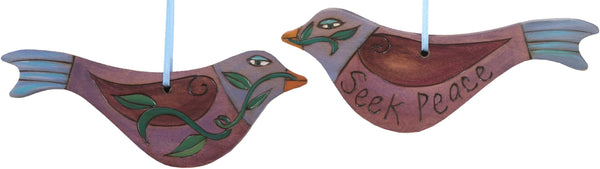 Bird Ornament –  Seek Peace bird ornament in red with blue tail