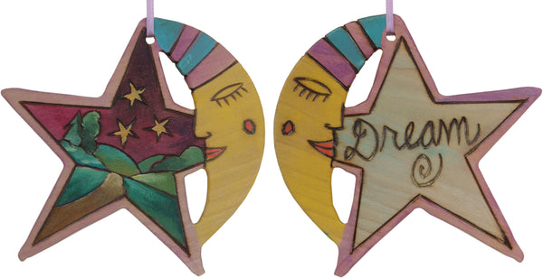 Moon and Star Ornament –  "Dream" moon and star ornament with a starry night over the rolling hills and sleepy mister moon motif