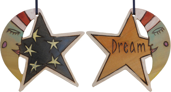 Moon and Star Ornament –  "Dream" moon and star ornament with smiley mister moon and star filled sky motif