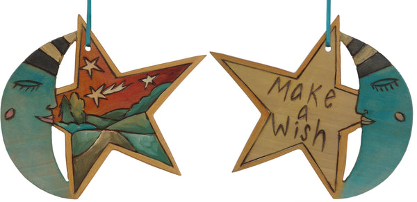 Moon and Star Ornament –  "Make a Wish" moon and star ornament with sleepy mister moon motif