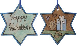 Star of David Ornament –  "Happy Hanukkah" Star of David ornament with dreidel and gift motif