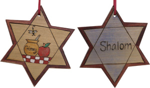 Star of David Ornament –  "Shalom" Star of David ornament with honey, a bee and an apple