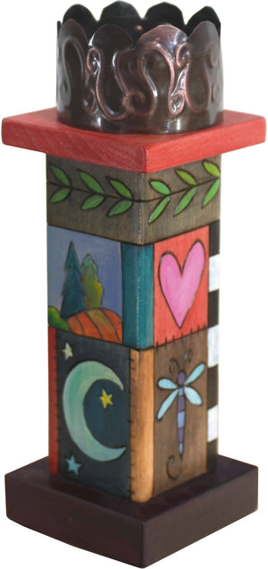 Small Pillar Candle Holder –  Eclectic candle holder with colorful block icons and patterns and unique stamped metal element