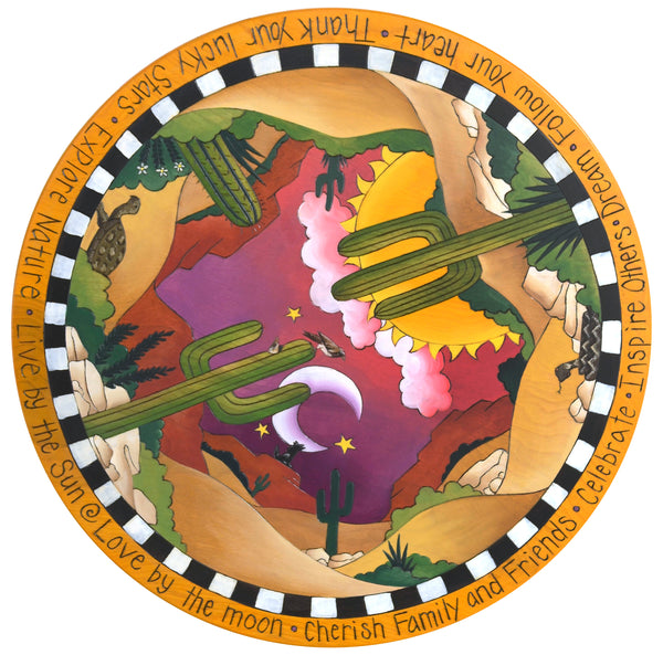 Sticks Handmade 20"D lazy susan with southwest landscape design, checks and cacti