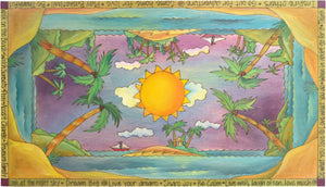 Contemporary Coffee Table –  "Live Well, Laugh Often, Love Much" contemporary coffee table with sunny sky over a tropical island motif