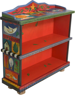 Short Bookcase –  Colorful bookcase with symbolic block icons painted in rich hues 