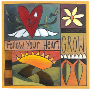 Sticks handmade wall plaque with "Follow your Heart, Grow" quote and colorful life icons
