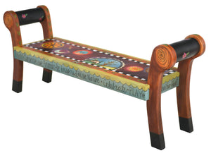 Rolled Arm Bench –  "Watch Sunsets" rolled arm bench with tree of life and beautiful contemporary floral motif. Side view