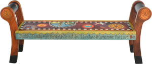 Rolled Arm Bench –  "Watch Sunsets" rolled arm bench with tree of life and beautiful contemporary floral motif. Front view