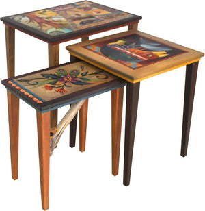 Nesting Table Set –  "Cherish Family" nesting table set with sun and moon over tree of life motif